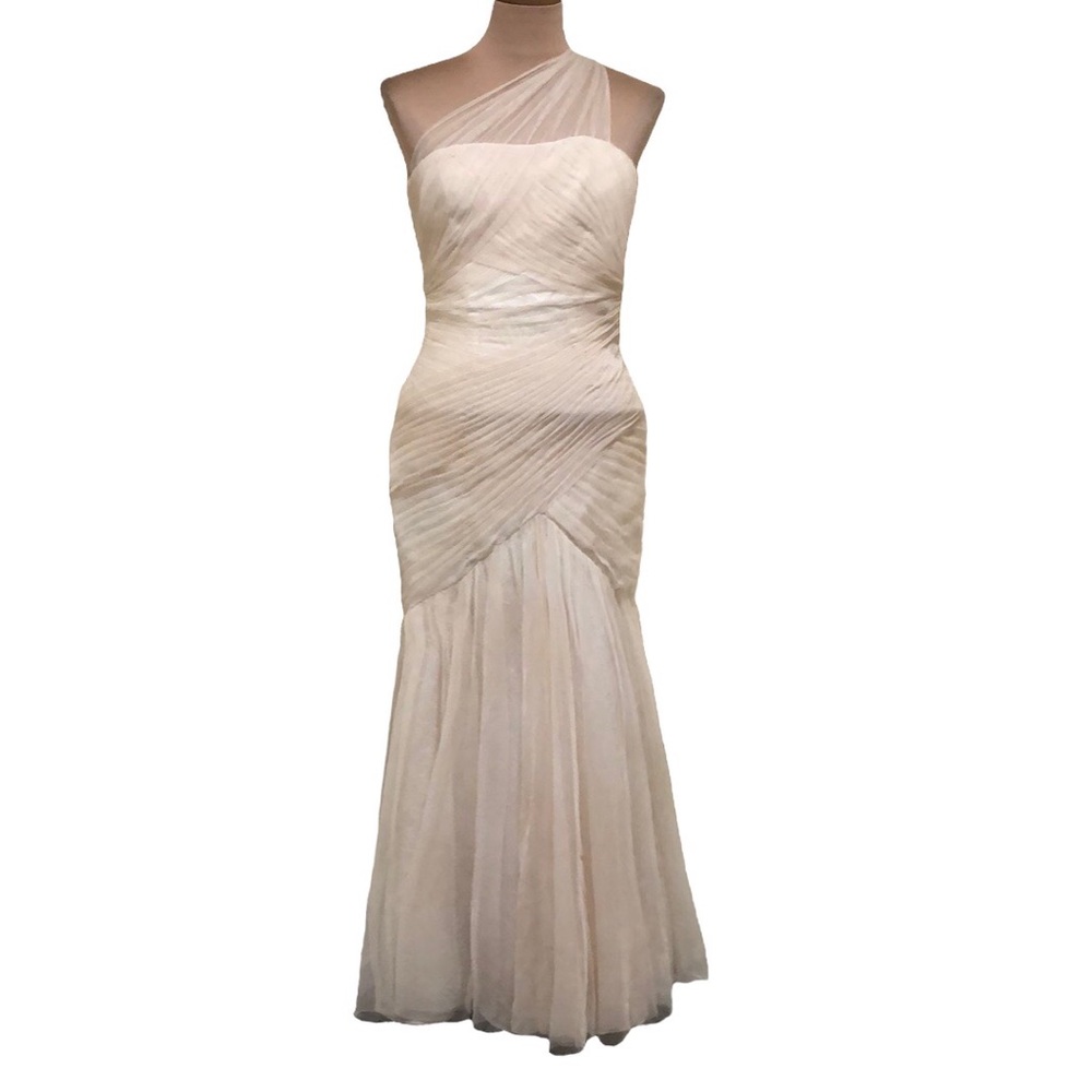 Monique Lhullier Wedding Dress Size 0P 0 Petite Cream Pleated Lace One Shoulder - Picture 1 of 13